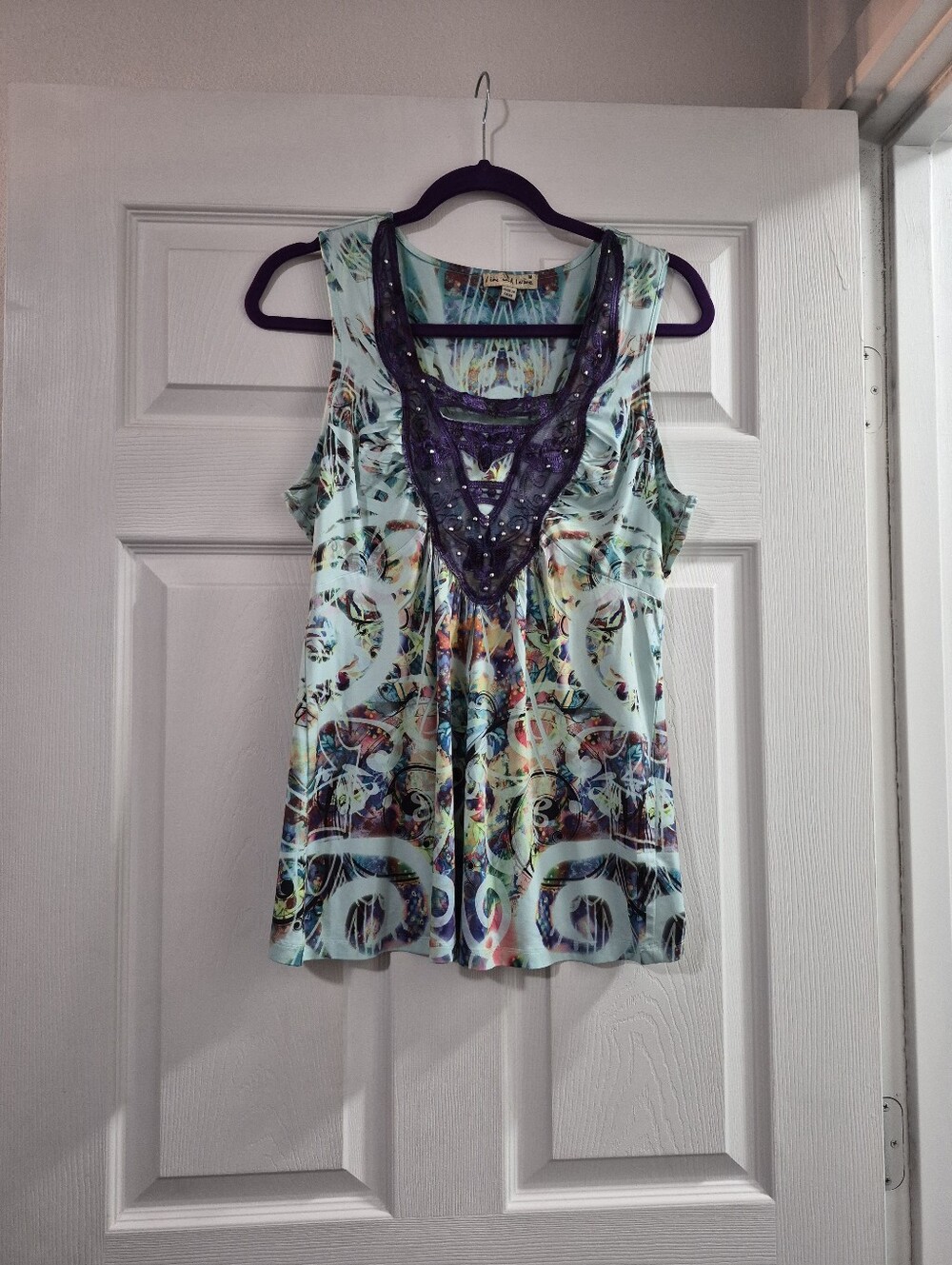 live and let live Mint Multi-Color Beaded V-Neck Tank